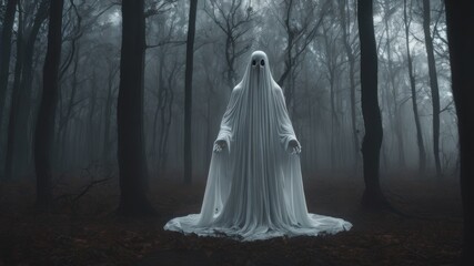 Halloween ghost in the middle of the forest