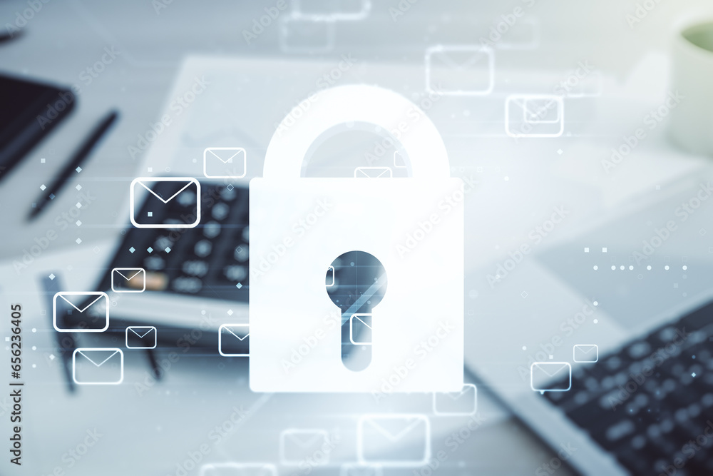 Poster abstract virtual lock illustration with postal envelopes on blurry calculator and computer backgroun