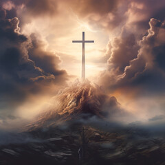 Holy cross symbolizing the death and resurrection of Jesus Christ with the sky over Golgotha Hill is shrouded in light and clouds | Apocalypse concept 
