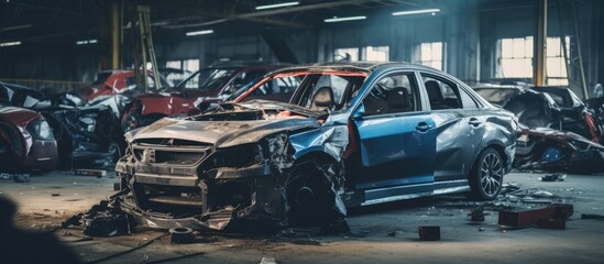 Fototapeta premium Damaged car from accident restored at garage Insurance auction for salvage vehicles Auto body repair center