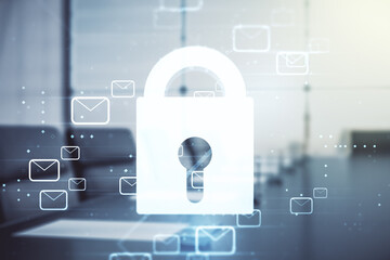 Abstract virtual lock sketch with email symbols hologram on a modern boardroom background,...