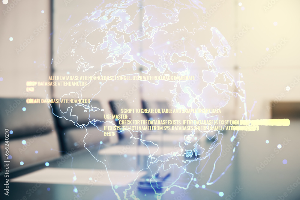 Poster multi exposure of abstract programming language hologram and world map on a modern furnished office 