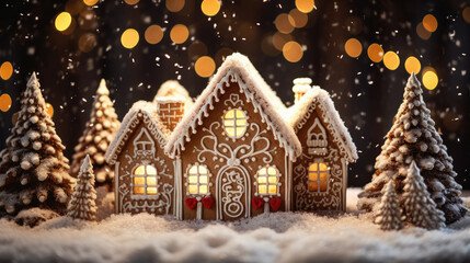 Gingerbread House Christmas Scene - obrazy, fototapety, plakaty