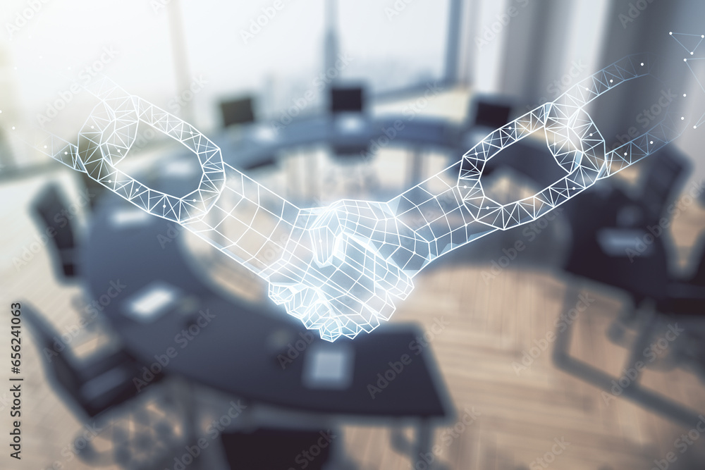Poster abstract virtual block chain technology hologram with handshake on a modern coworking room backgroun
