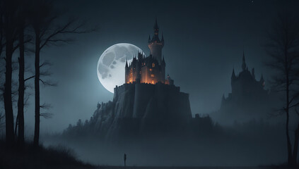 A castle located in a desolate, dead forest that foggy night. The moon shone down with an erie glow - AI Generative