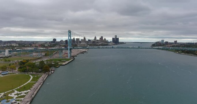 Drone view of the Detroit River in Detroit, Michigan