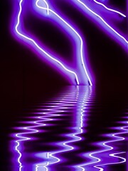 glowing deep flowing edged purple on a black background lightening plasma spark with ripples and water reflection