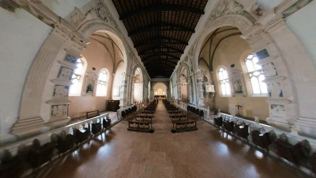 The Tempio Malatestiano Cathedral Church of Rimini, Italy. Wide Angle Dolly-In Zoom-Out Vertigo Shot.