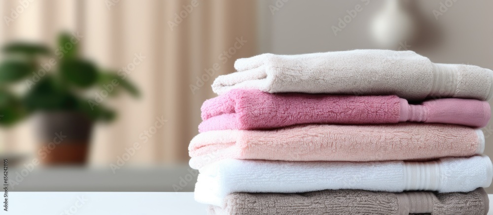 Poster stack of towels on table with blurred background space for text