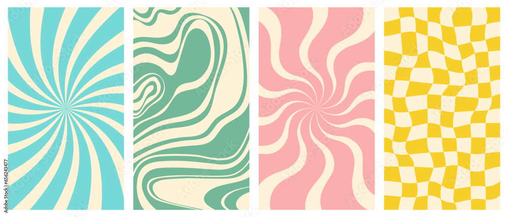 Wall mural groovy hippie 70s vector backgrounds set. chessboard and twisted patterns. backgrounds in trendy ret