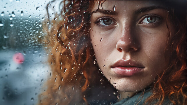 Portrait of beautiful woman in car looking out through wet glass. Closeup