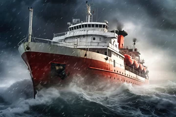 Foto op Canvas A cargo or fishing ship is caught in a severe storm. Ship at sea on big waves. The threat of shipwreck. Element in the ocean. The hard work of a sailor. © Anoo