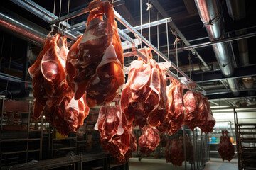 Meat processing plant. Hanging meat in the production hall. The arrival of jamon or cold cuts. Natural fresh meat product. Production of pork or beef at the enterprise.