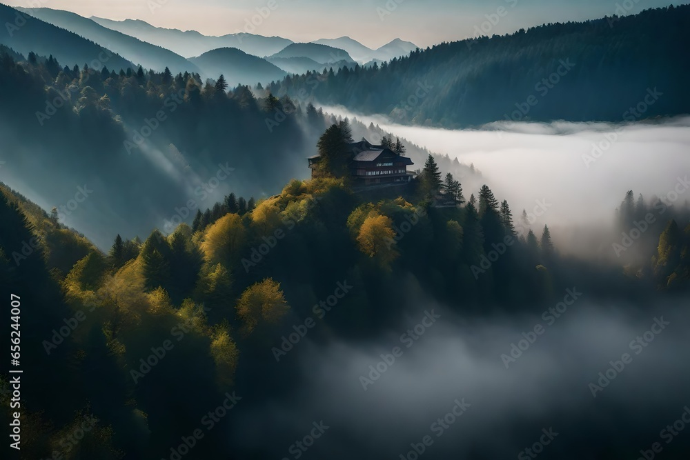 Aufkleber a serene jungle covered with fog and clouds- ai generative