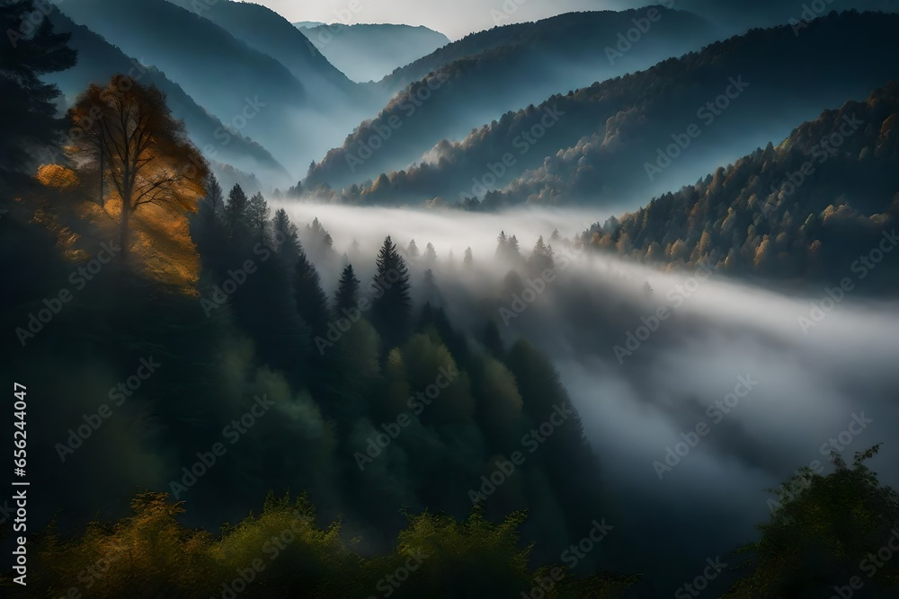 Aufkleber a serene jungle covered with fog and clouds- ai generative