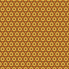 Bright abstract mosaic pattern yellow orange geometric and floral motifs on a dark brown Autumn color palette