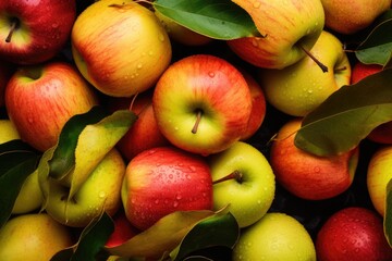 Ripe red-yellow apples lying on autumn leaves.