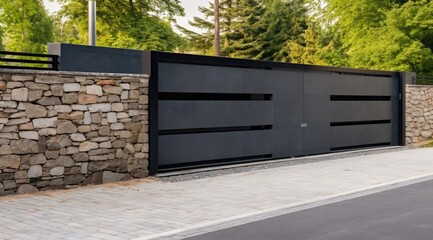 Wide automatic sliding gate with remote control. Security and protection concept.