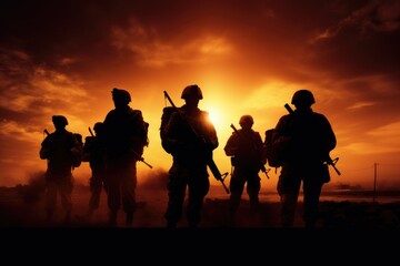The military silhouettes of soldiers hold gun against with sunset sky background.