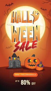The image you sent is a poster for a Halloween sale. The poster is orange and has a full moon in the background. There is a castle on the left side of the poster and a ghost on the right side. 