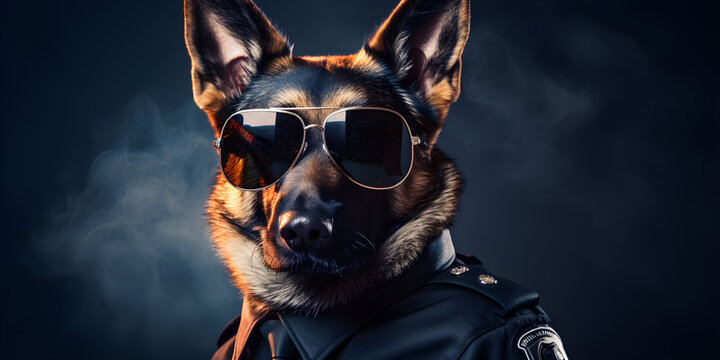 Mean looking German shepherd working as a security officer or cop, wearing sunglasses and uniform shirt. Guarding dog concept