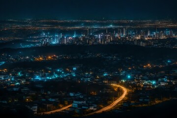Fototapeta premium A view of a city from a hill at night - AI Generative