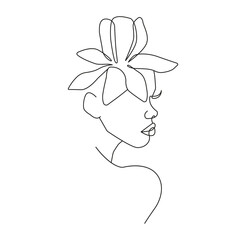 Continuous Line Drawing of Woman Face with Flower. Female Fashion Minimalist Concept, Woman Beauty Drawing, Vector Illustration. Good for Prints, T-shirt, Banners, Slogan Design Modern Graphics Style 
