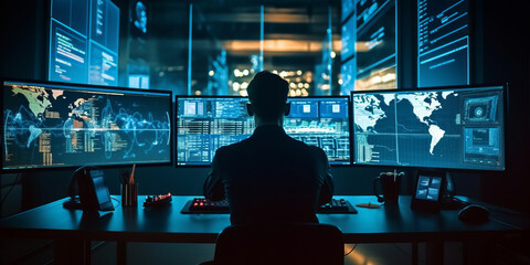A cybersecurity professional working on multiple monitors displaying various .