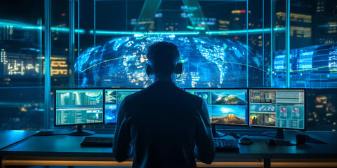 A cybersecurity professional working on multiple monitors displaying various . - obrazy, fototapety, plakaty