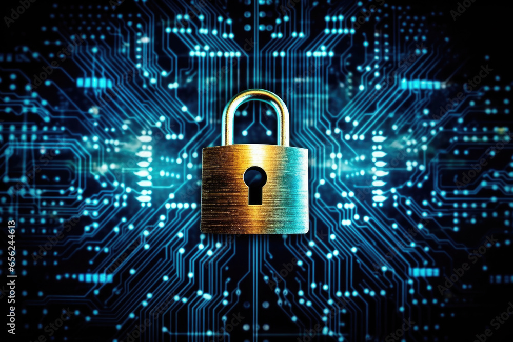 Poster padlock is placed on top of circuit board, symbolizing security and protection. this image can be us