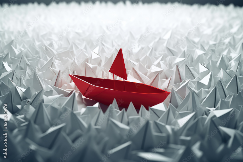 Poster vibrant red paper boat floating sea. perfect for adding pop of color