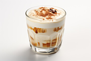 Glass of coffee topped with fluffy whipped cream and drizzled with decadent chocolate. Perfect for cozy morning or sweet treat. Ideal for coffee shop promotions or food and beverage blogs.