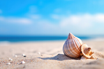 Fototapeta na wymiar Beautiful shell resting on sandy beach near ocean. This image can be used to depict tranquility and serenity of beach vacation.