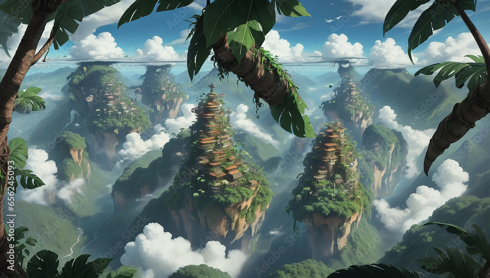 Poster an areal view of a jungle with tropical trees covered with clouds - ai generative