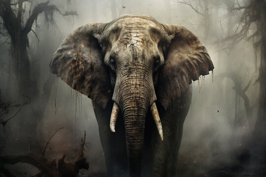 Image of an elephant in the forest with a scary atmosphere, Wildlife Animals., Generative AI, Illustration.
