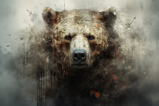 Image of a bear in the forest with a scary atmosphere, Wildlife Animals., Generative AI, Illustration.
