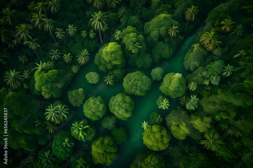 Poster an areal view of a jungle with tropical trees covered with clouds - ai generative