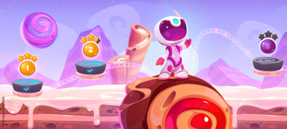 Aufkleber candy game level map with road in sky cartoon illustration. food space background and galaxy world d
