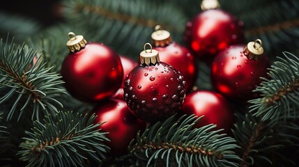 Banner background with christmas balls and brunches seamless background. AI generated