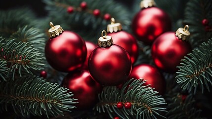Banner background with christmas balls and brunches seamless background. AI generated