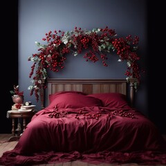 Christmas decorations inside a bedroom with a wreath and balls. Garland headbed with AI generation