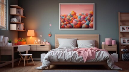 Interior of a bedroom with bed, chair, table, bookshelves, lamp, paint. AI generated