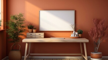 Children's study room at home in orange colors. Modern spacious interior with desk, chalkboard, lamps, plants and wooden flooring. Unisex design. AI generated
