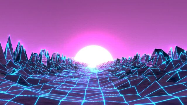80's retro Vaporwave Scene  and neon wireframe sci-fi looping animation. 