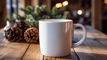 White mockup ceramic white coffe cup or mug on Christmas decoration background. Blank template for your design, branding, business. AI generated