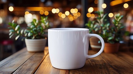 White mockup ceramic white coffee cup or mug on the table with plants. Blank template for your design, branding, business. AI generated - obrazy, fototapety, plakaty