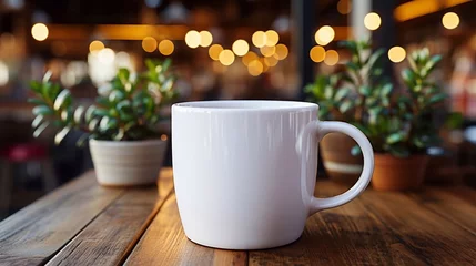 Fotobehang White mockup ceramic white coffee cup or mug on the table with plants. Blank template for your design, branding, business. AI generated © tanchy25