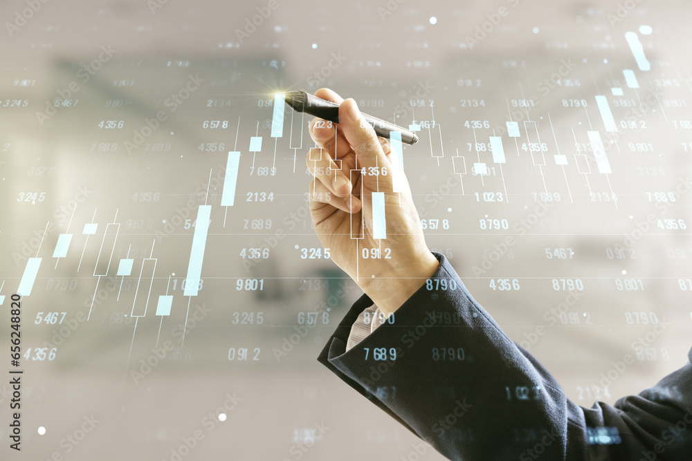 Poster Man hand with pen working with abstract virtual stats data hologram on blurred office background. Multiexposure
