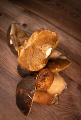 Fresh boletus mushrooms on wooden table, High quality photo