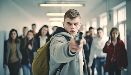 shooter standing in high school holding a gun,surrounded with people running.Generative AI. - obrazy, fototapety, plakaty